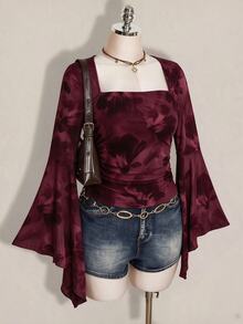 SHEIN ICON 女款休閒浪漫小碎花大尺碼酒紅色上衣，適合春秋穿著 - 彩色 - 查看 4