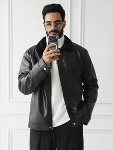 HUEFORM Men's American Vintage Rabbit Fur Collar Leather Jacket, Cool Leather Jacket, Autumn/Winter Versatile Mature Black Coat - Black - View 1