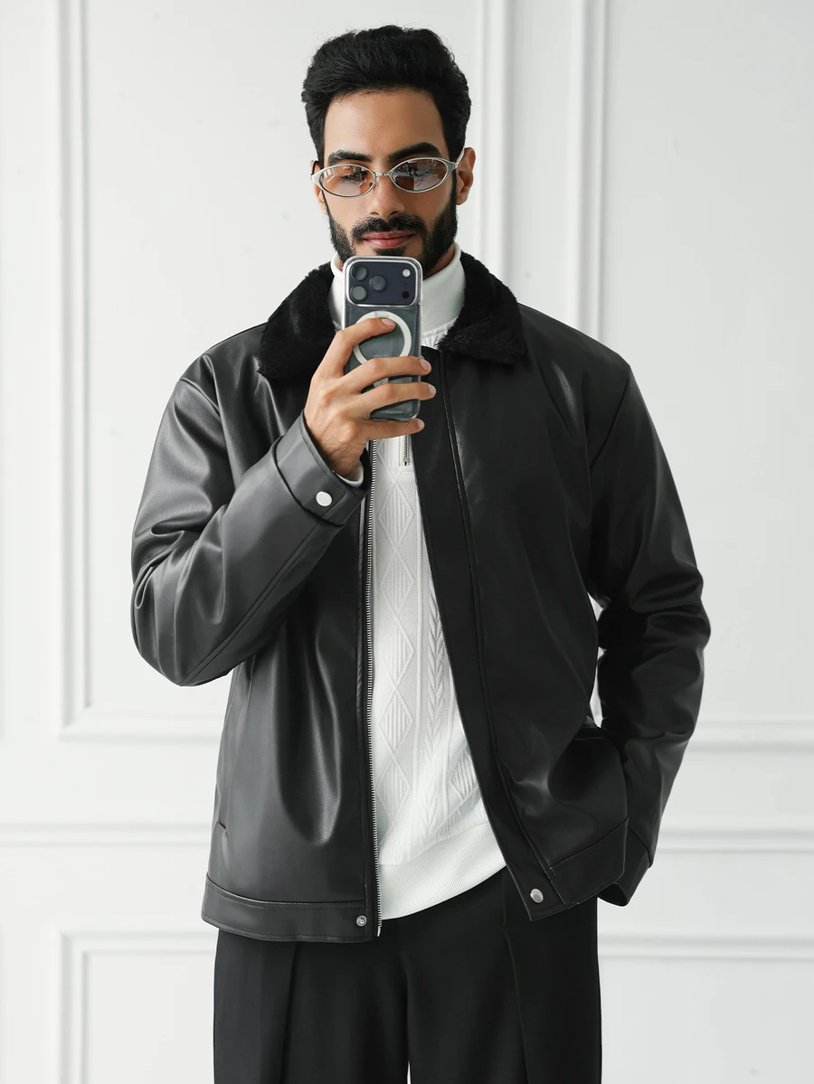 HUEFORM Men's American Vintage Rabbit Fur Collar Leather Jacket, Cool Leather Jacket, Autumn/Winter Versatile Mature Black Coat - Black - View 1
