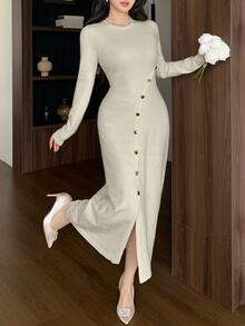 Modelyn Women's Designer Button-Front Round Neck Long Sleeve Dress, Autumn/Winter - Apricot - View 3