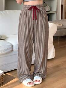 Dazy Plus Plus Size Loose Elastic Waist Striped Drawstring Pajama Cozy Pants, All Season, Fall & Winter - Khaki - View 3