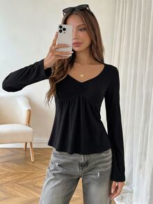 SHEIN Teen Girl Fall Ruched Bust T-Shirt With Heart-Shaped Neckline, Delicate Collarbone Accent, Holiday - Black - View 5