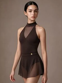 SHEIN 2件組女童芭蕾表演服，優雅抒情風立領修身連身褲附薄紗裙，學校舞蹈訓練用，海軍藍，秋季派對 - 棕色 - 查看 1