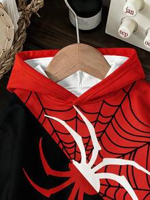 Young Boy Hooded Long Sleeve Sweatshirt, Classic Cool Spider Graphic Print, Spider Web Graphic Print - Multicolor - View 4
