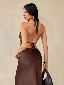 SHEIN Tall Brown Contrast Lace Halter Top And Long Skirt Set, 2 Pieces Vacation Casual Outfit - Coffee Brown - View 2