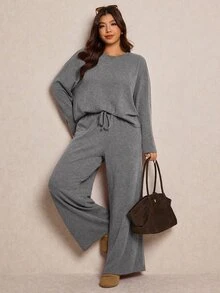 Elaquor 大尺碼女款休閒傳統居家服巧克力棕色冬季曲線居家服，秋季純色上衣與長褲兩件套舒適春季穿搭 - 灰色 - 查看 8