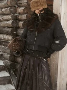 MOTF PREMIUM 2026 AUTUMN/WINTER NEW FASHION WOMEN'S FUR COLLAR WINTER COAT - Black - View 6