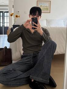 DAZY 男士白色羅紋布料長袖圓領半鈕扣素色T恤 秋季 - 橄欖綠 - 查看 3