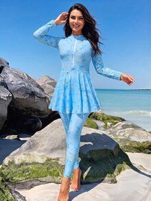 Swim Shayni Zipper Elegant Casual Conservative Women's Burkini Swimsuit Set, Suitable For Beach And Seaside Vacation - Baby Blue - View 3