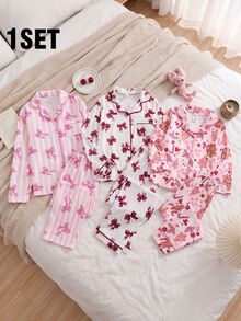 Teen Girl Bow Print Long Sleeve Top And Pants Lounge Set - Pink - View 2