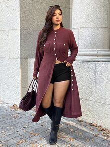 Easura Plus Size Half-High Neck Open Chest Pocket Button Design Sweater Long Sleeve Mid-Length Cardigan Comfortable Elegant Commute - Brown - View 5