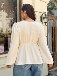 Easura Plus Size Women's Elegant Autumn Printed Blouse, Elegant French Vintage Style, Suitable For Commuting, Dating, Vacation, Party, Birthday Fall - Apricot - View 2