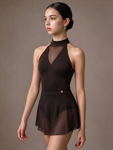 SHEIN 2件組女童芭蕾表演服，優雅抒情風立領修身連身褲附薄紗裙，學校舞蹈訓練用，海軍藍，秋季派對 - 棕色 - 查看 4