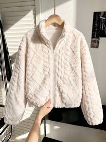 SHEIN 女童立領拉鍊珊瑚絨雙面提花方格菱格夾克，純色極簡加厚毛絨上衣，休閒短版外套，適合日常、上學與戶外穿著 - 杏色 - 查看 1