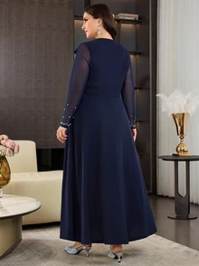 Modelyn Đầm dáng chữ A size lớn vừa vặn, cổ tròn, tay dài, eo chiết, đính ngọc trai trang trí thanh lịch, phù hợp cho tiệc chiêu đãi, đám cưới, Ngày Nhà giáo - Màu xanh hải quân - Xem 2