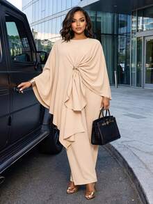 Poshavie Poshavie Plus Size Women Elegant Fashion Premium Set, Long Sleeve Round Neck Flowy Modified Robe Paired With Loose Comfortable Pants, Flattering And Slimming, Suitable For Daily Shopping, Commuting And Outings - Khaki - View 1