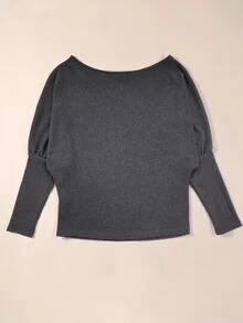 SHEIN LUNE 女款春夏純色不對稱領蝙蝠袖長袖寬鬆休閒T恤秋季女裝 - 灰色 - 查看 2