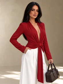 INAWLY Burgundy Deep V-Neck Tie-Front Long Sleeve Ribbed Knit Top, Slim Fit - Burgundy - View 1