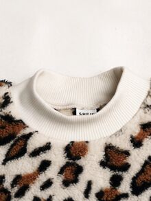 SHEIN 兒童小女孩可愛豹紋毛絨加厚秋季運動衫與內搭褲兩件套，舒適柔軟休閒日常百搭，適合7歲生日 - 杏色 - 查看 3