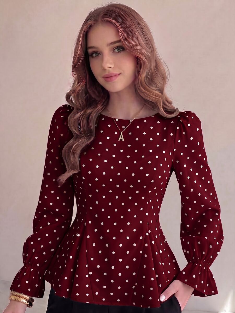 SHEIN 青少年女孩波點百褶休閒百搭日常穿著襯衫 - 酒紅色 - 查看 1