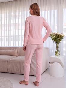 EURMUSE 100% Cotton 2 Pcs  Cat Embroidered Detail Shirt And Striped Sleep Bottom PJ Set - Multicolor - View 2