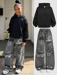 Tween Girl Black English Letter Star Flower Print Sweatshirt And Pants 2 Pieces Set - Black - View 11