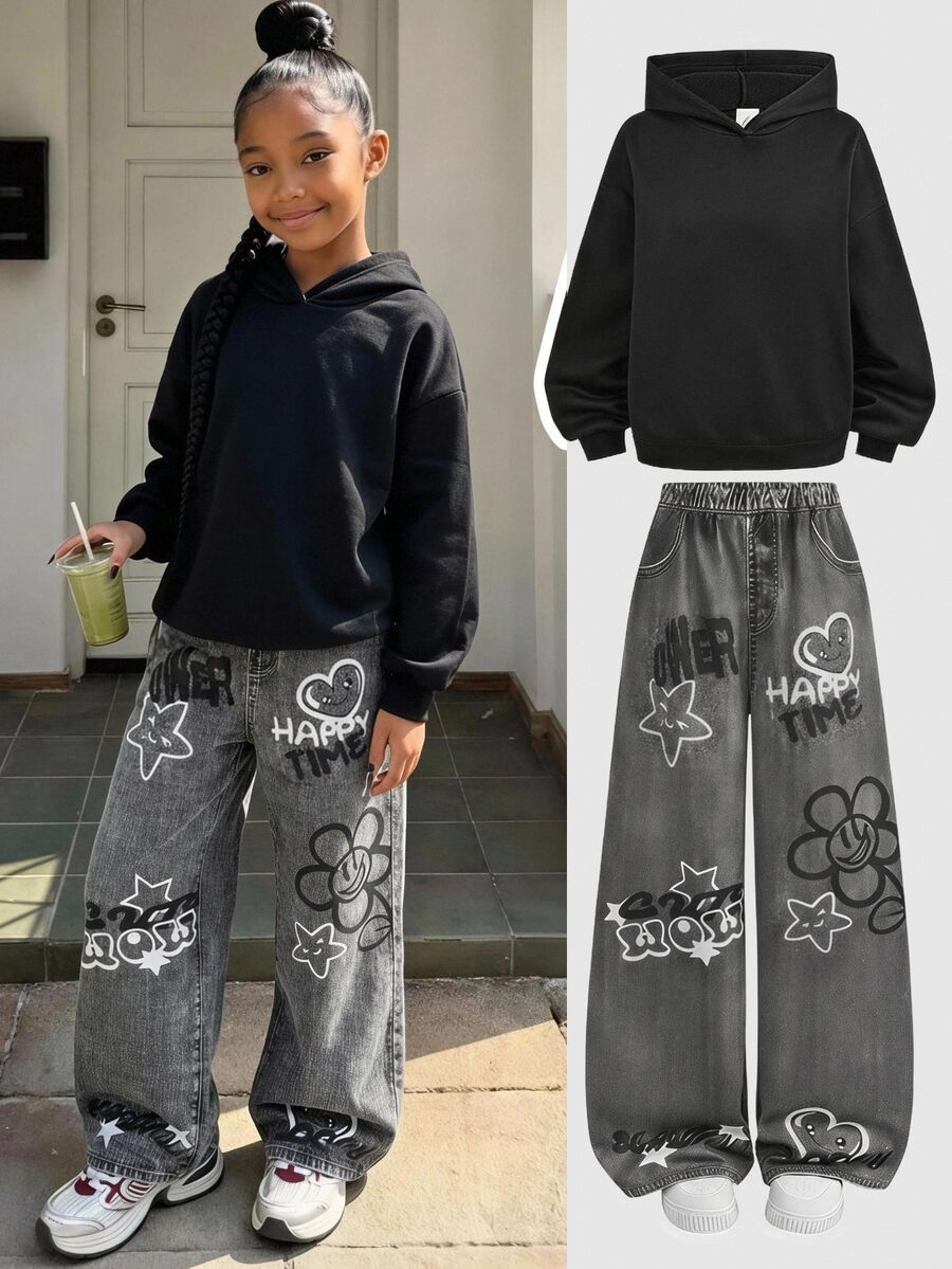 Tween Girl Black English Letter Star Flower Print Sweatshirt And Pants 2 Pieces Set - Black - View 1