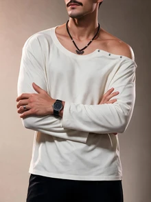 ZURIURI Men's Long Sleeve Off-White Asymmetric Shoulder Button Loose Fit T-Shirt, 80s Streetwear, Fall/ Rave Vacation Date Night Sunset Soiree - White - View 5