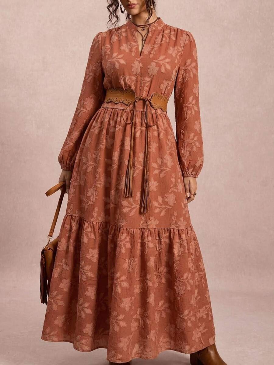 Freevana Plus Size Women's Autumn/Winter Vintage Floral Print Ruffle Hem Elegant Dress - Orange - View 1