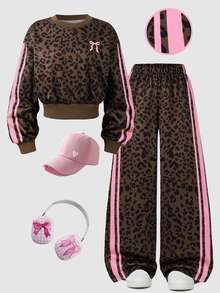 SHEIN Casuvi Kids 大女孩棕色豹紋粉色蝴蝶結圓領運動衫 + 寬腿褲 2件套，Y2K甜美側條紋運動休閒套裝，適合秋冬返校、購物、派對、度假、旅行 - 彩色 - 查看 3