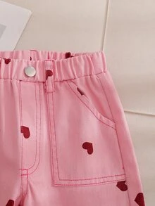 SHEIN 女童純色寬腿長褲，身上印有深色小愛心，寬鬆直筒設計，時尚百搭休閒，適合多種場合，適合春秋季，適合日常出門 - 粉色 - 查看 4