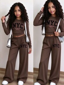 (1 Set) Tween Girls Fall Outfits NYC Letter Print Ruched Waist Long Sleeve Tops & Wide Leg Pants, Casual Fall Clothes - Multicolor - View 3