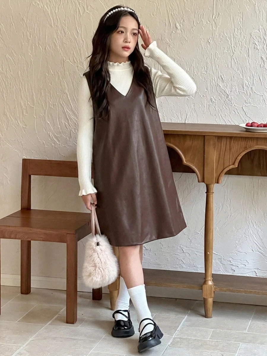 Dazy Kids Tween Girl Solid Color Casual Daily Wear Dress - Brown - View 1