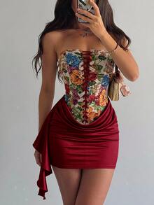 Soleia Women's Floral Print Ruched Elegant Waist-Cinching Strapless Mini Dress For Date - Red - View 1