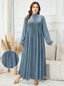 Lacomfia Plus Size Women's Gray-Blue Brushed Ribbed Long Sleeve Casual Dress, Suitable For Daily Wear, Home, Breakfast And Dinner - Blue - View 1