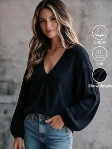SHEIN LUNE CURVE Plus Size V-Neck Gathered Texture Cotton-Feel Blouse, Loose Lantern Elastic Cuffs Long Sleeve, Casual Vacation Style Ruched Shirt - Black - View 3