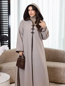 Al Najma Plus Size Women's Colorblock Casual Party Arabic Hooded Abaya - Khaki - View 1