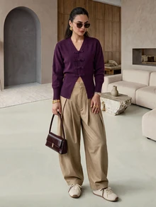 Mulvari Women's V-Neck Design Frog Button Autumn/Winter Long Sleeve Cardigan Burgundy Vintage Fall/Winter Christmas Going Out - Purple - View 3