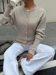 Siren Gaze Cardigan Rajut Lengan Panjang Kancing Gaya Vintage Wanita - Aprikot - View 3
