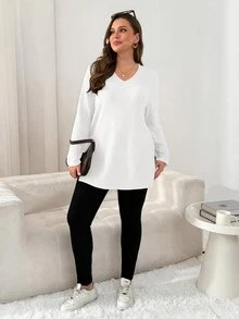 Shapeblank تي شيرت نسائي مقاس كبير متعدد الاستخدامات بأكمام طويلة وحافة مشقوقة، ملابس خروج، ستايل بسيط، توب دافئ للخريف والشتاء - أبيض - مشاهدة 7