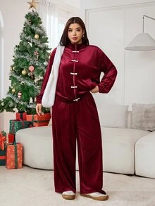 Solflare Plus Size Women's Solid Color Long Sleeve Top And Pants Casual 2 Pieces Set Christmas - Red and White - View 1