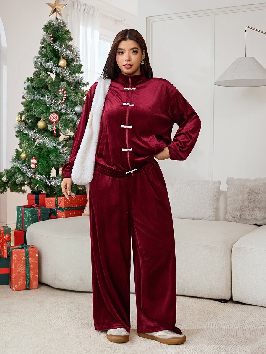 Solflare Plus Size Women's Solid Color Long Sleeve Top And Pants Casual 2 Pieces Set Christmas - Red and White - View 1