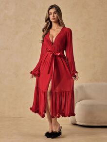 HautHeat Women's Solid Color 3D Floral Decor Elegant Robe - Burgundy - View 7