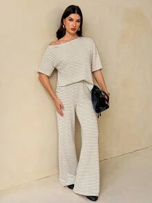 SHEIN Tall Women's Striped Knit Fabric Asymmetrical Shoulder Top + Knit Loungewear 2 Pieces Set - Multicolor - View 1