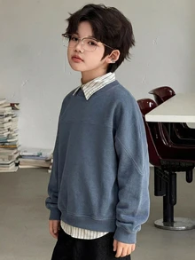 Dazy Kids Sweatshirt Pullover Leher Bulat Dasar Jahitan Kontras untuk Anak Laki-laki (Ukuran Besar), Potongan Longgar, Musim Gugur/Dingin - Navy Blue - View 6