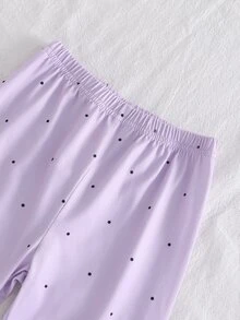 2pcs Baby Girl Comfortable Soft Purple Polka Dot Cherry Pattern Round Neck Ruffle Trim Button Front Long Sleeve Pants Flame Retardant Pajama Set - Mauve Purple - View 5