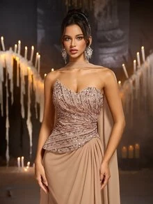 Glamrae Elegant Champagne Sequin Sequins Chiffon Strapless Sweetheart Ruched Draped Peplum Cape Mermaid Train Wedding Guest Prom Ball Autumn Evening Gown - Champagne - View 2