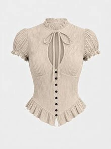 Firerie Lace-Up Hollow V-Neck Short Sleeve Top, Single-Breasted Ruched Waist Cropped Textured Sexy Romantic Elegant Blouse Brunch Date Brown Summer - Apricot - View 3