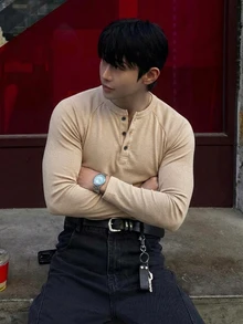 DAZY Spring/Autumn Comfortable Fitted Knit Fabric Camel Color Men's T-Shirt - Camel - View 3