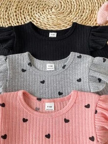 SHEIN Vintaside Kids 3件組女嬰荷葉邊羅紋長袖上衣 可愛愛心印花素色打底衫 舒適嬰兒上衣 秋冬日常穿著 - 彩色 - 查看 5